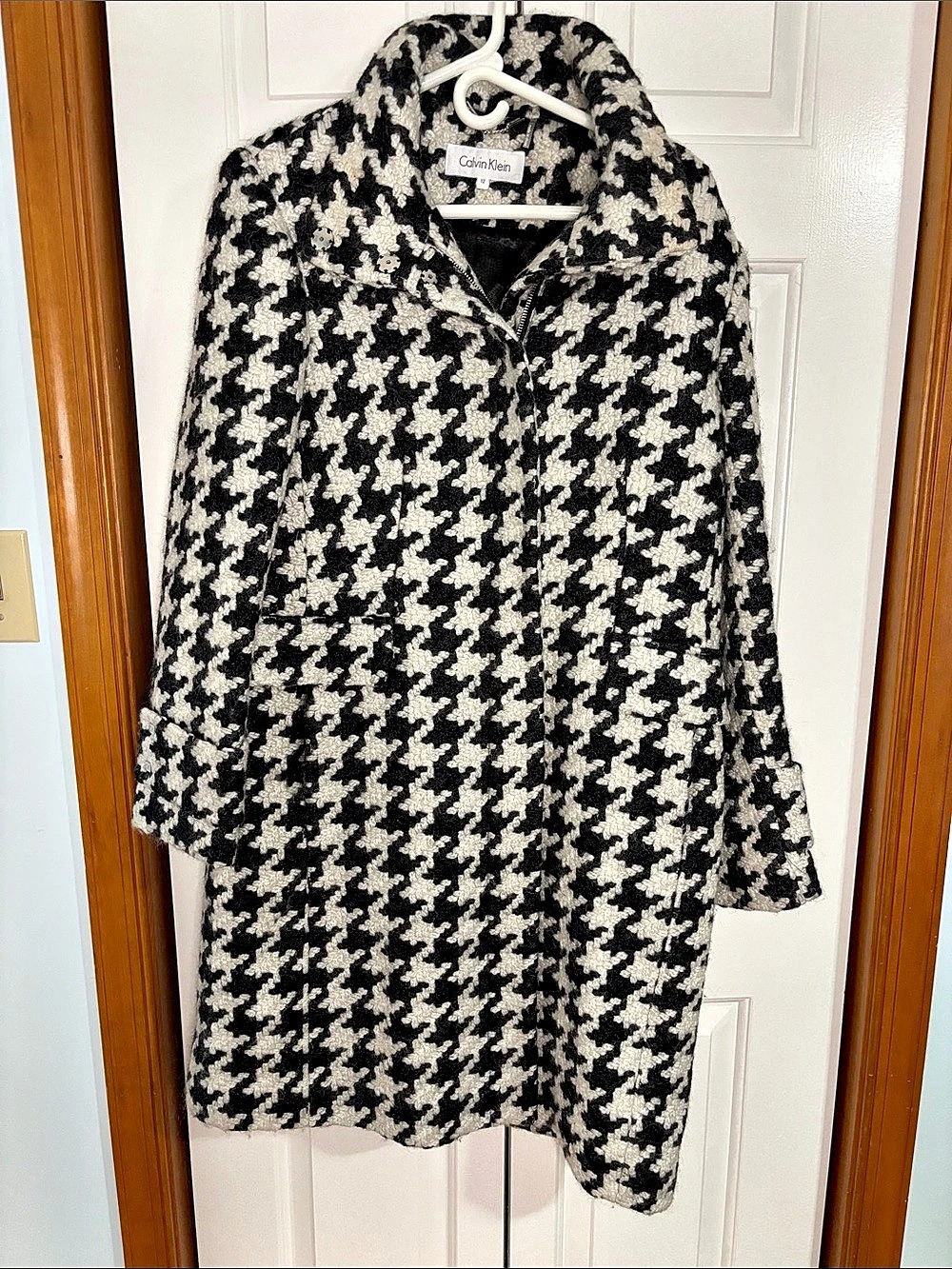 Calvin Klein Houndstooth Pea Coat in Black & White Size 12 Like New